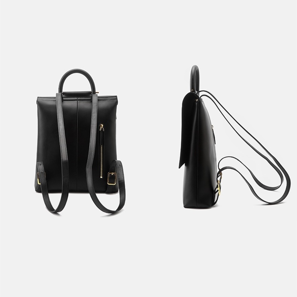 Black Retro Flap School Leather Backpack with Top Handle